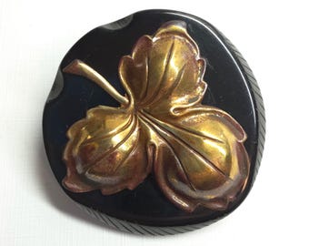 Huge XL Carved Black Bakelite Button w/ Brass Leaf Escutcheon ~ Extra Large 2"