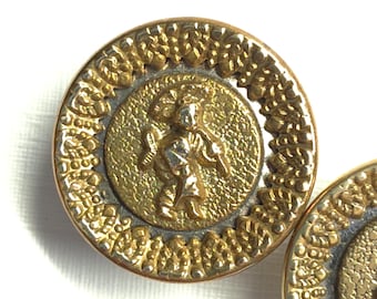 2 Antique Brass Oriental Geisha Picture Buttons w/ Twinkle Liner ~ over 11/16"