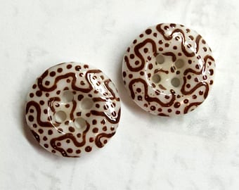 2 Antique China Calico Buttons ~ Brown on White ~ Plants Pattern 126 ~ 7/16"