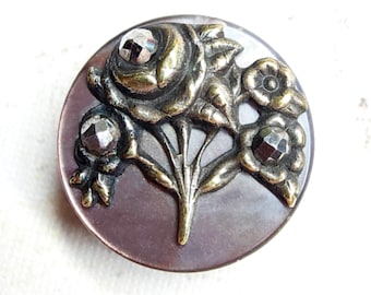 Antique Pearl Shell Flower Picture Button ~ Metal Rose Escutcheon w/ Faceted Steels ~ 5/8"