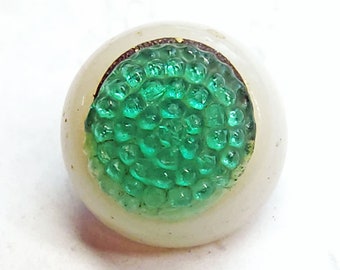 Antique 1800s Glass Charmstring Button ~White Milk Glass Swirlback with Translucent Green Berry Topper ~just under 5/8"