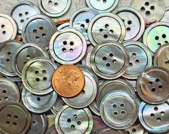 10 or 25 Vintage 1940s Iridescent Gray Black Smoky Oyster Shell Coat Buttons ~ almost 7/8" ~ Classic 4-Hole Mother of Pearl MOP