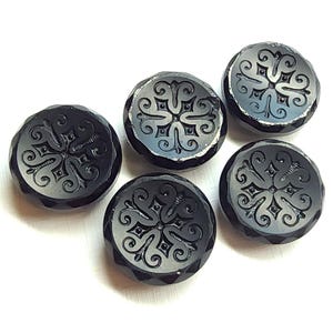 Set of 5 Antique Black Glass Sewing Buttons ~ Satin Finish w/ Stylized Incised Fleur de Lis Design & Faceted Rim ~ almost 5/8&quot; 15mm