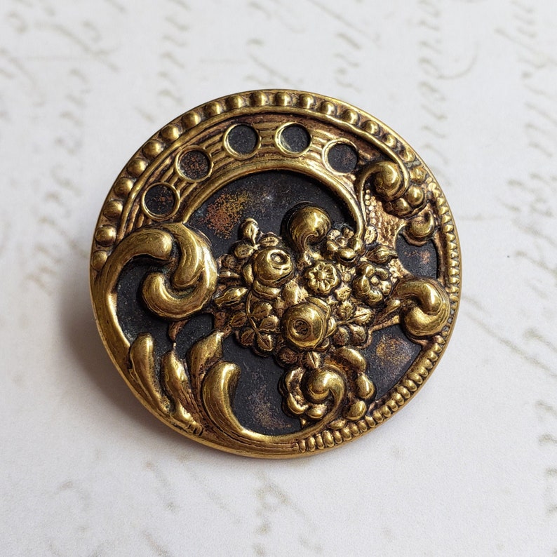 Large Antique Pierced Brass Flower Button ~ Floral Bouquet /& Scrolls over Tinted Background ~ 1-516 inch 33mm ~ Coat Button