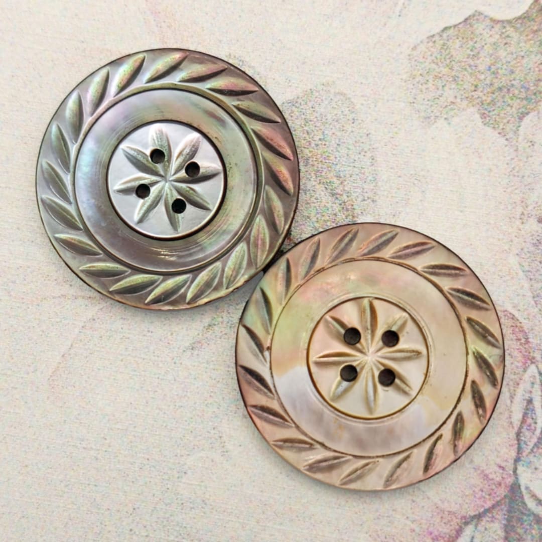 2 Large Antique Carved Pearl Shell Buttons ~ Star Center & Pinwheel ...