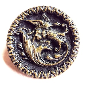 Reptilian Dragon w/ Outstretched Wings ~ Large Antique Pierced & Stamped Brass Picture Button ~ just over 1-3/8&quot; 36mm