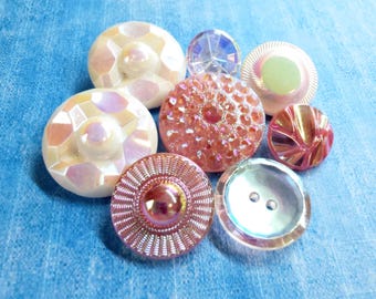 8 Mixed Pink White & Clear Glass Buttons w/ Iridescent Luster ~ 1/2" to 7/8"