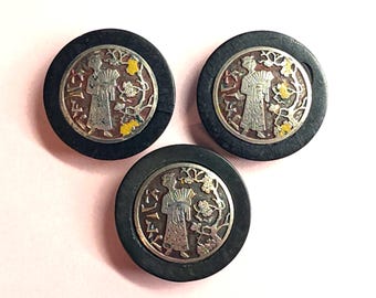 3 Antique Opera Story Picture Buttons Madame Chrysantheme Geisha ~ over 1-3/16"