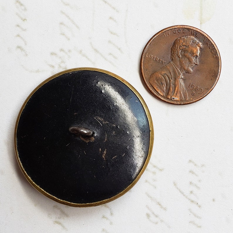 Large Antique Pierced Brass Flower Button ~ Floral Bouquet /& Scrolls over Tinted Background ~ 1-516 inch 33mm ~ Coat Button