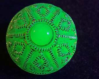 Pretty Czech Glass Wheel Button Crazy Emerald Green w/ Black & Gold Finish 27mm 
