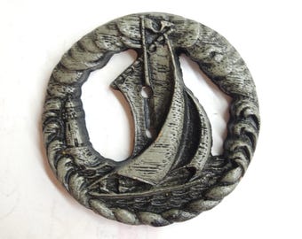 Sailboat & Lighthouse ~ Extra Large Vintage Openwork Burwood Boat Button ~ XL 2"