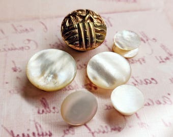 Mixed Lot of Antique Cuff Button Studs Cuff Links ~ 5 Mother of Pearl Shell MOP & 1 Brass ~ just over 7/16" to just over 3/4"