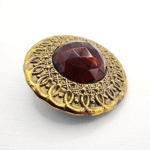 Large Antique Jeweled Brass Button ~ Orange Glass Jewel w/ Spirograph Scrolls Border ~ almost 1-1/2"