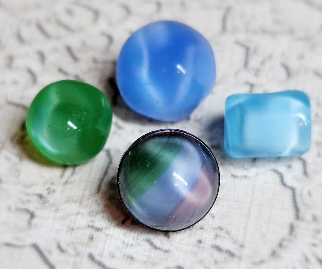 Group of 4 Sweet Dimi Moonglow Glass Buttons Green Blue Aqua & 1 Tri