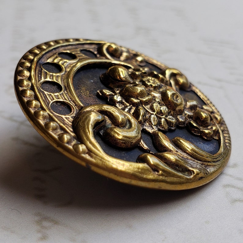 Large Antique Pierced Brass Flower Button ~ Floral Bouquet /& Scrolls over Tinted Background ~ 1-516 inch 33mm ~ Coat Button