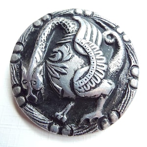 Fabulous Creature ~ Large Vintage 1 Piece Silver Aluminum Dragon Picture Button ~ just over 1-3/8&quot; 36mm