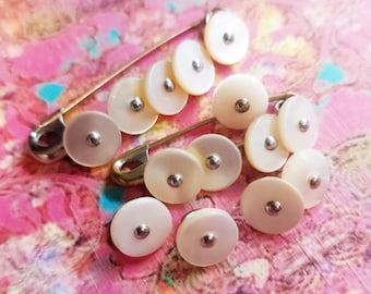 14 Vintage White Pearl Shell Pin Shank Buttons ~ just over 3/8" 10mm