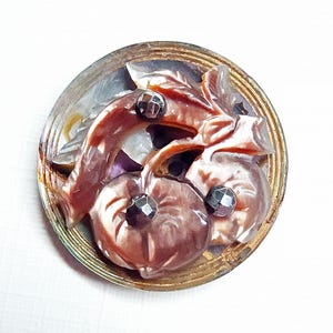 Antique Branch of Flowers Picture Button ~  Cameo Carved Rosy Mother of Pearl MOP Overlay on Abalone Shell w/ Faceted Steels ~ almost 3/4&quot;