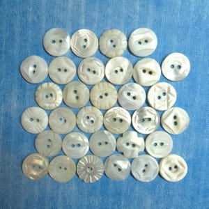 May include: A collection of thirty round white mother-of-pearl buttons arranged in a grid. Each button features a distinct carved geometric or floral pattern on its surface and includes two central holes for sewing onto fabric or garments.