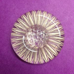 May include: A round, clear, and translucent button featuring a molded, raised floral design that resembles a sunflower. The center of the button has a textured, dimpled pattern, while the outer edge displays elongated, pointed petals.