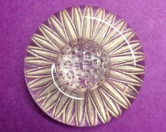 Large Vintage Lucite Flower Button ~ Reverse Carved & Painted ~ under 1-3/8"