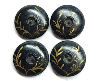 Set of 4 Antique Painted Plant Life Picture Horn Whistle Buttons ~ just under 3/4"