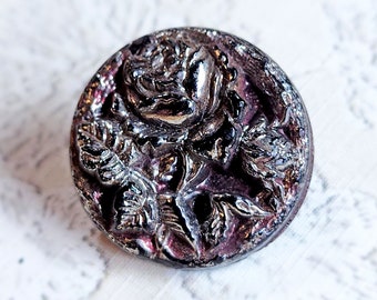 Antique Black Glass Rose Flower Picture Button w/ Silver Luster & Hint of Pink ~ Very Dimensional Relief ~ just over 7/8"