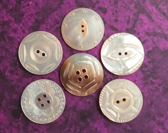 Variety Lot of 6 Antique Carved Pearl Shell MOP Buttons ~ just over 15/16" 24mm