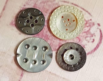 Mixed Lot of 4 Antique Mother of Pearl Shell MOP Sewing Buttons ~  Carved and/or Pierced Whistle 6-Hole 2-Tone ~ 9/16" to almost 3/4"