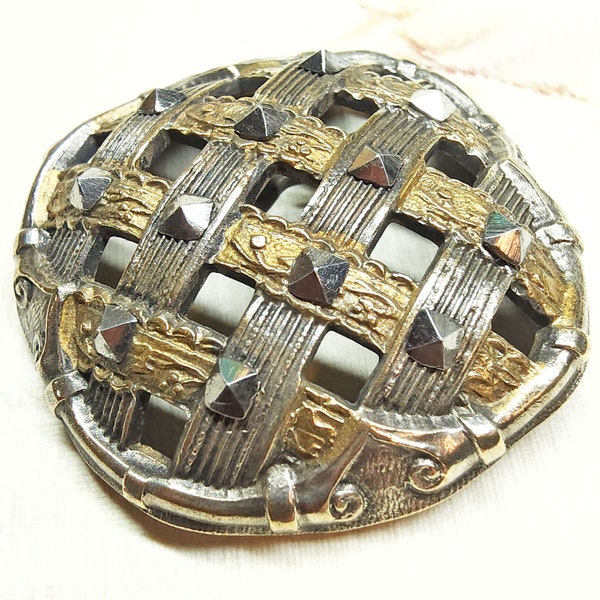 Stunning Large Antique 1800s Pierced Brass Button ~ Interlaced Basketweave Lattice w/ Bright Facet Cut Steels ~ 1-5/16"