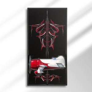 May include: Vertical art print featuring a red and white airplane design on a black background. The artwork includes pinstripe detailing in red, white, and gray. The propeller plane is depicted with a vintage aesthetic, suitable for aviation enthusiasts.