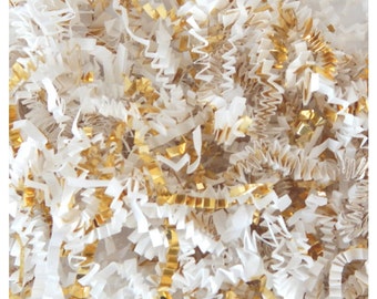 Your Choice of Size: WHITE & METALLIC GOLD Gift Basket Shred, Crinkle Paper Filler Display Bedding (Free Shipping!)
