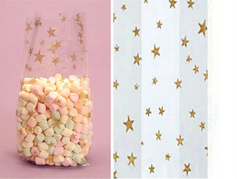 Medium GOLD STARS 4x2x9 Cello Cellophane Party Treat Food Snack Bags Free Shipping!
