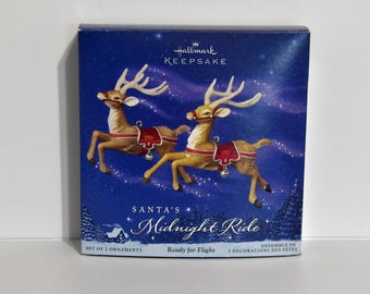 Vintage 2005 Hallmark Keepsake Ornament "Santa's Midnight Ride" NIB Set of Two Reindeer Christmas Ornaments: Ready for Flight. Holiday Decor