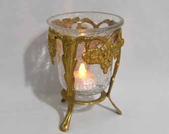 Vintage Brass Footed Candle Stand with Crackle Glass Insert. Brass Grape Motive Candle Holder with Crackle Glass in Original Box.