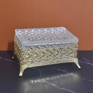 Vintage Glass Box with Diamond Pattern with Brass Filigree Stand. Glass & Brass Casket Box. Pressed Glass Jewelry Box with Brass Base.