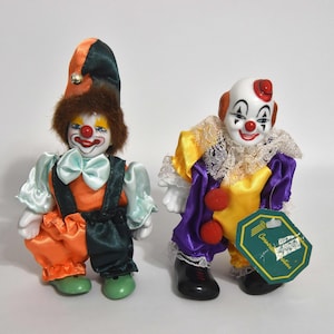 These Two Cornerstone Creations Collectable Clown Figurines Need a New Home. Clowns. Colorful Clowns. Porcelain and Cloth Clowns.