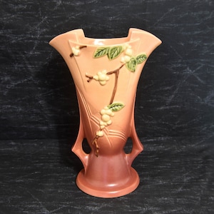 Large Roseville Snowberry Vase IV2-12 Pink to Brown Tones. Tall Roseville Art Pottery Vase. Roseville Dusty Rose Snowberry. Roseville Vase.