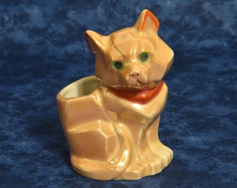 Kleine iriserende Mid Century moderne keramische marmelade kat beeldje plantenbak. Kubistische stijl oranje groene ogen kat. Verzamelbaar kattenbeeldje.