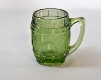 Green Whiskey Barrel Shot Glass possibly made by Hazel Atlas. Small Green Glass Barrel Mug.