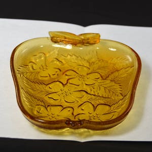 Amber Glass Apple Dish made by Hazel Atlas. Pressed Amber Glass Apple Shaped Dish with Apple Blossoms. Hazel Atlas Apple Plate.