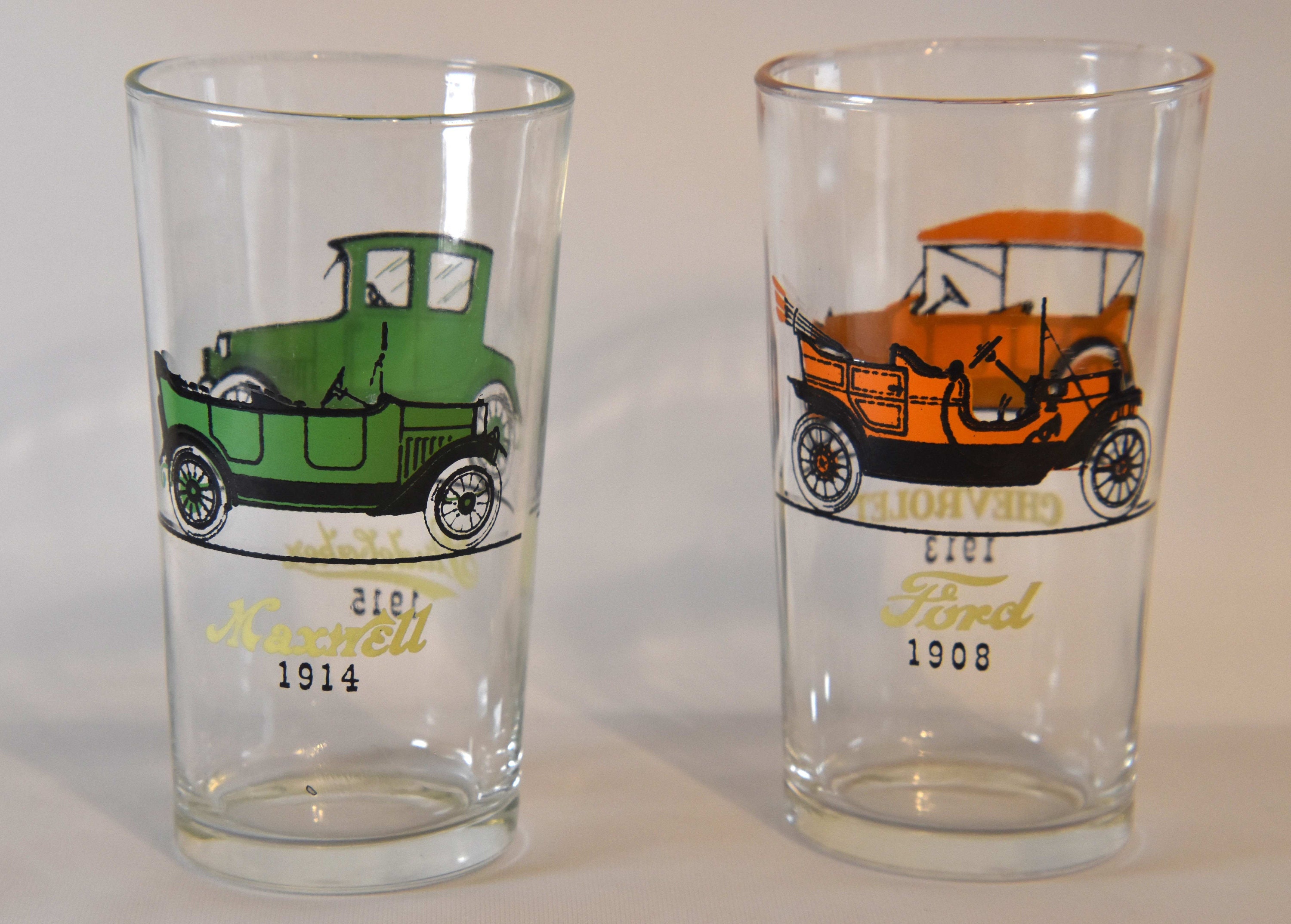 Two Vintage Antique Car Drinking Glasses Possibly Hazel Atlas. Vintage