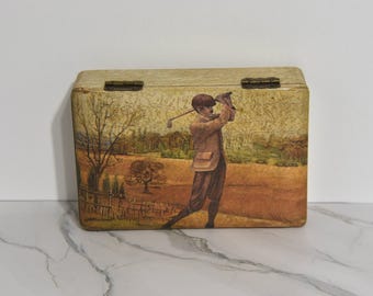 Vintage Decoupaged Wooden Trinket Keepsake Box with Hinged Lid Featuring a Male Golfer Wearing Traditional Vintage Clothing.
