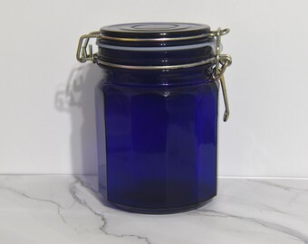 Vintage Cobalt Blue Paneled Glass Canister Jar with Wire Bale Lid - 12-Sided Farmhouse Kitchen Storage, Mid-Century Retro Indigo Blue Glass