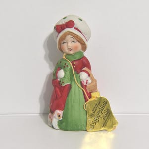 Small Collectible Vintage Christmas Sugarplum Bell Girl Figurine Made by Jasco. Bisque Porcelain Holiday Girl Bell.