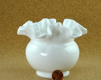 Unmarked Fenton Rose Bowl with Smooth White Finish. Smooth Pure White Ruffled Milk Glass Rose Bowl Vase.  Fenton Rose Bowl with Ruffle Rim.