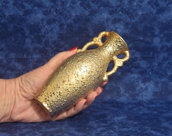 Vintage-Keramikvase im „Weeping Gold“-Stil. Kleine Keramikvase im Mid-Century-Stil mit goldenen Sprenkeln, zwei Henkeln und Hollywood-Regency-Flair.