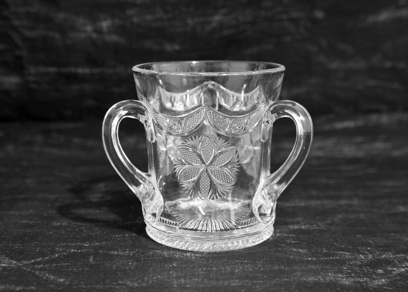 Three Handled Loving Cup. Antique Pressed Glass 3-Handled Loving Cup with Swag Drape and Floral Design. Collectible Glass Loving Cup. image 1