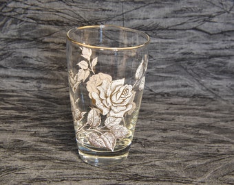 Vintage Libbey Glass Rose Bouquet Tumbler with Gold and White Roses. Libbey's Glassware. One Glass Tumbler with Roses.