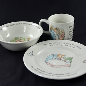 Childs 3 Piece Dinnerware Set of Wedgwood Peter Rabbit Cup, Bowl and Plate. Peter Rabbit Set, Flopsy Mopsy and Cotton-Tail, Beatrix Potter